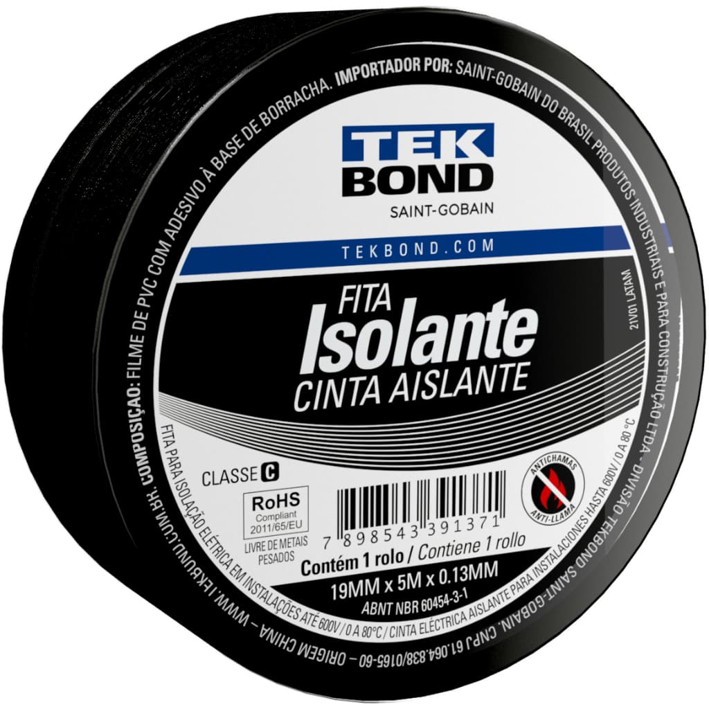 Fita Isolante Tekbond 19mm x 5m Kit 10 Rolos Antichamas Até 600V Resistente UV Elétrica