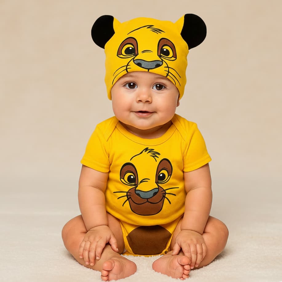 Body Infantil Bebe Temático Mêsversario O Rei Leão Fantasia Infantil Leão Para Menino E Menina - 100% Algodão C Botão