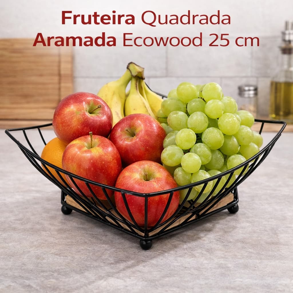 Fruteira Quadrada Aramada Ecowood 25 cm Frutas Base de Madeira