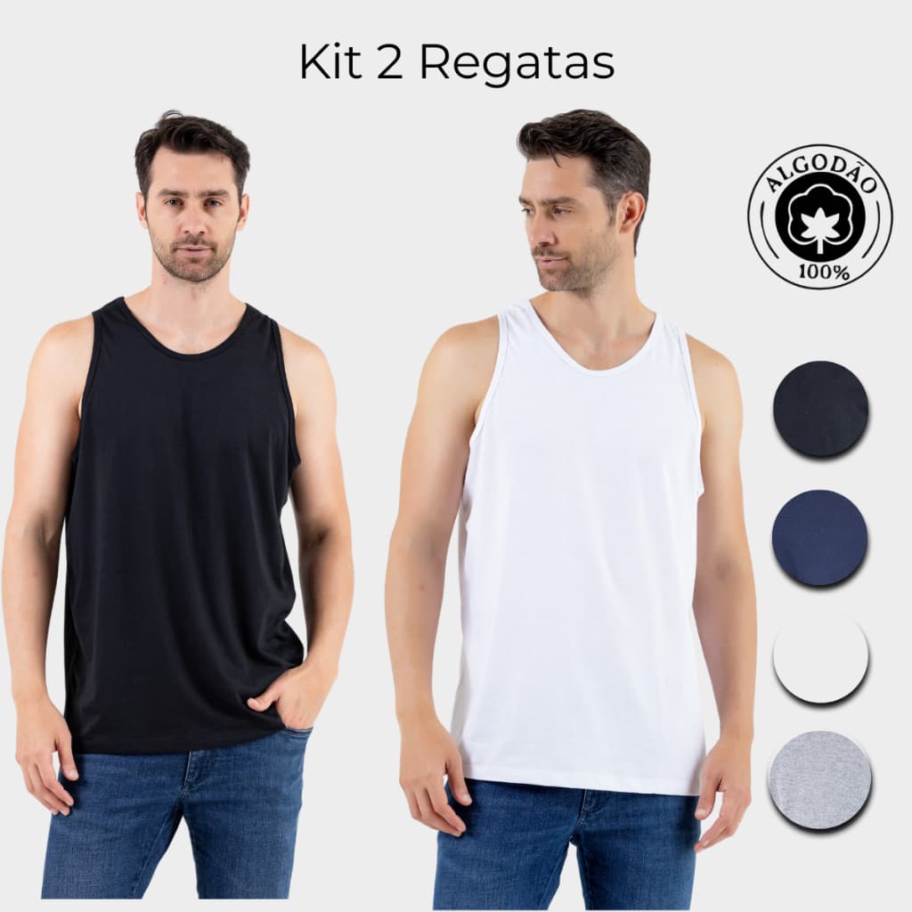KIT 2 Regata Masculina Básica sem estampa 100% Algodão cores Preto Branco Azul e Cinza