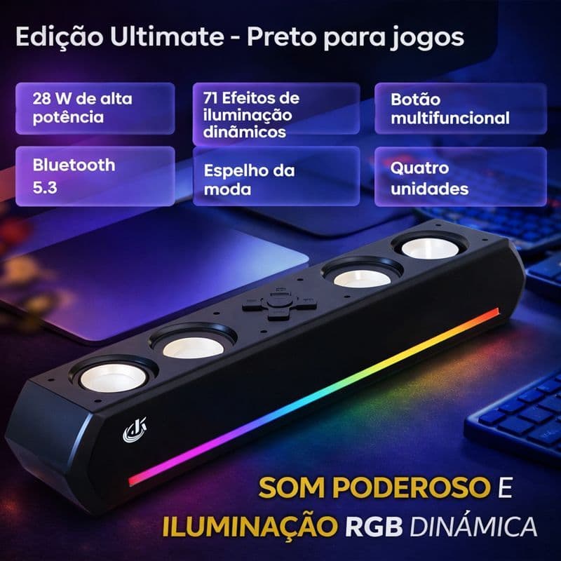 Caixa de Som Bluetooth Espelhada 30W Potente com 4 Alto-Falantes LED RGB Soundbar para PC COR: PRETO