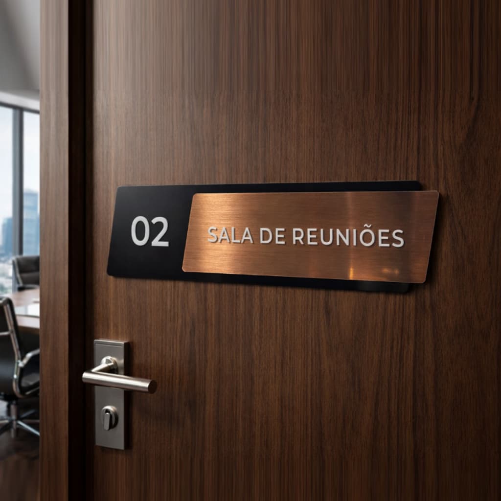 placa em acrílico 3D premium personalizada para porta escritório sala reunião