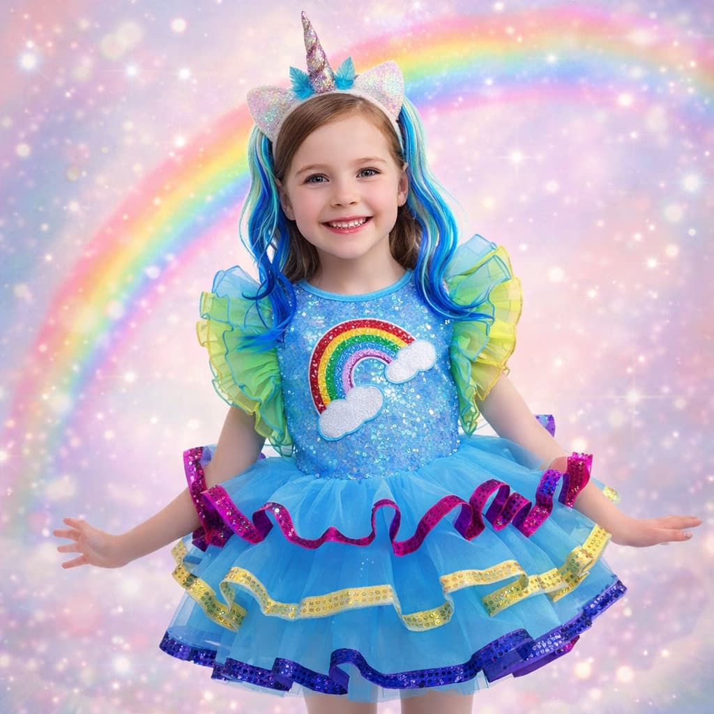 Vestido Fantasia Infantil Luxo Unicórnio Arco-Íris com Tiara | Bordado Premium