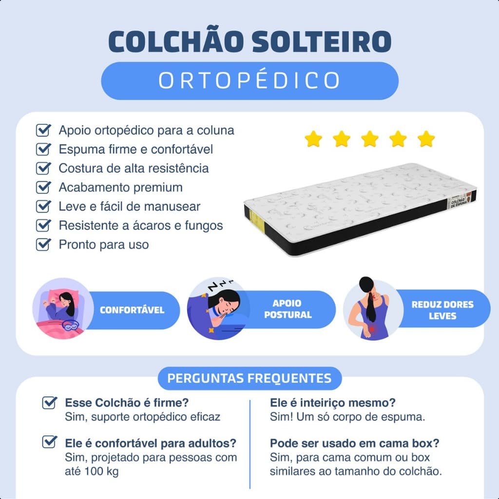 Colchão Solteiro Ortopédico D20 88cm– Firmeza Ideal para um Descanso Saudável