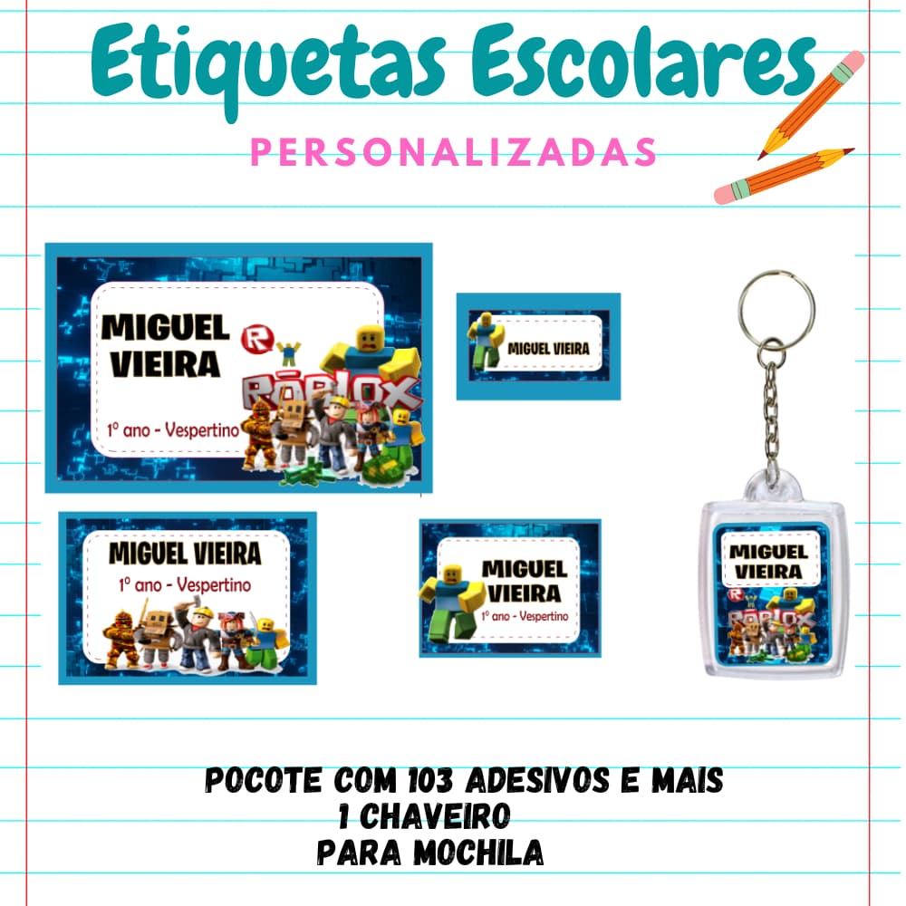 KIT ESCOLAR ETIQUETA PERSONALIZADA 103 etiquetas 1 chaveiro identificador de mochila/ETIQUETA ESCOLAR/ADESIVO/MATERIAL