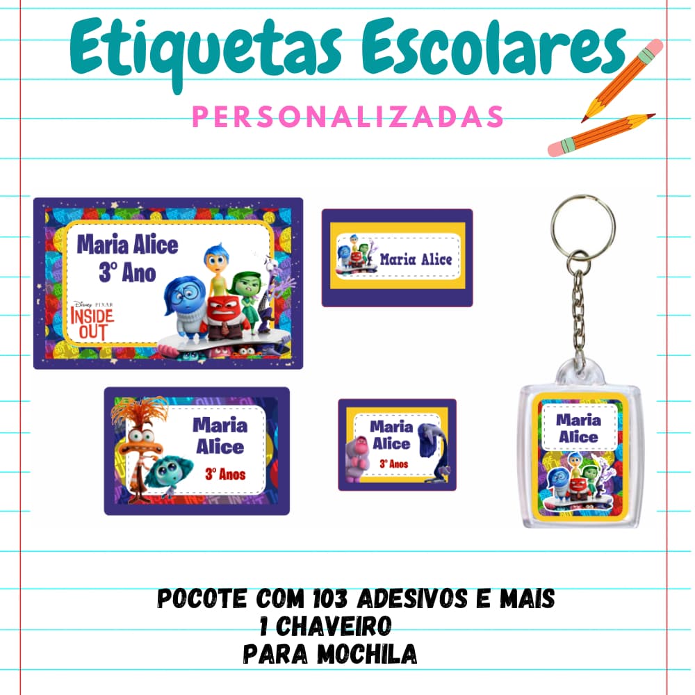 KIT ESCOLAR ETIQUETA PERSONALIZADA DIVERTIDAMENTE- 103 etiquetas 1 chaveiro identificador mochila/KIT ETIQUETA ESCOLAR