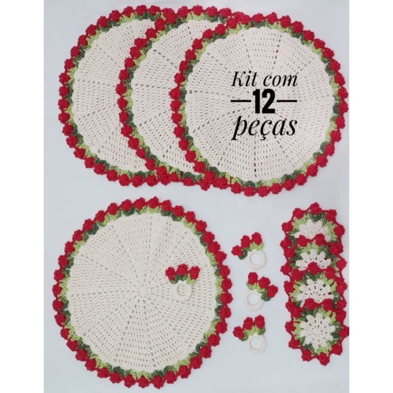 Kit mesa posta 12 peças / Jogo americano / Porta-copos / Porta-guardanapos / Sousplats de crochê