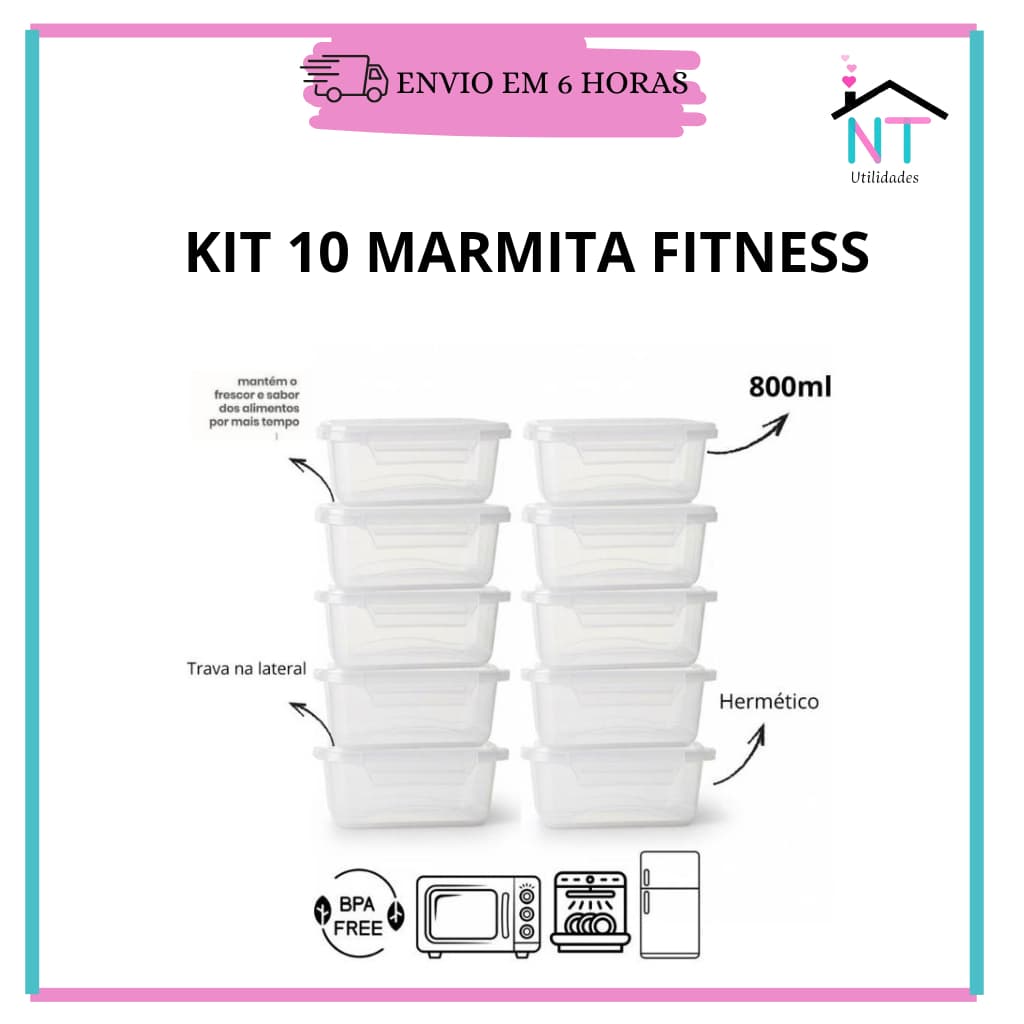 Kit 10 Marmita Potes 800ml com Travas Laterais Livre de BPA Alimentos Organizadores de Congelador