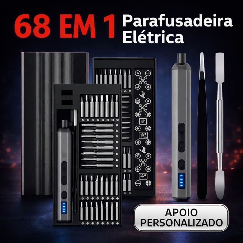 Parafusadeira Elétrica de Precisão Recarregável 68 em 1 com Ponteiras Imantadas Kit Profissional