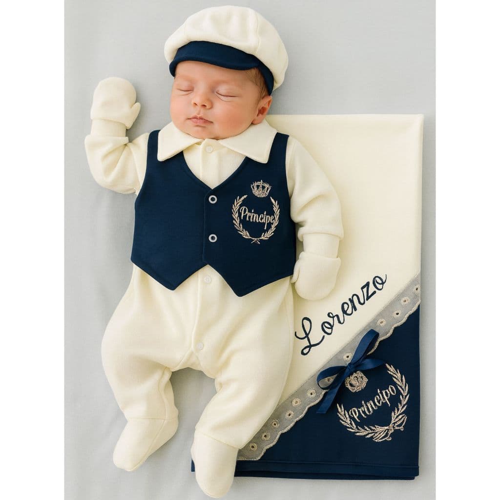 Saída de Maternidade Personalizada Nome Menino 4 Pçs Luxo Príncipe Azul Marinho Vermelho