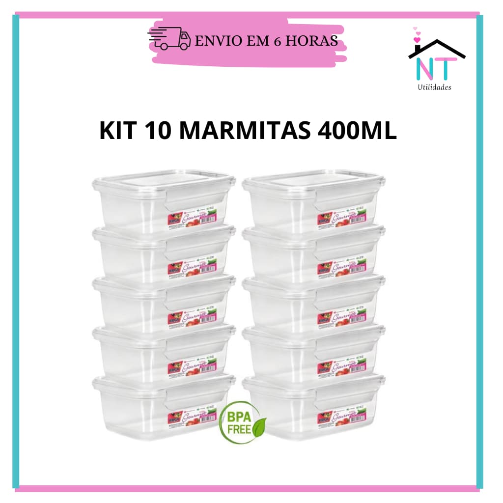 Kit 10 Marmitas Fitness 400ml Para Freezer E Microondas Potes Plásticos com Trava Grande