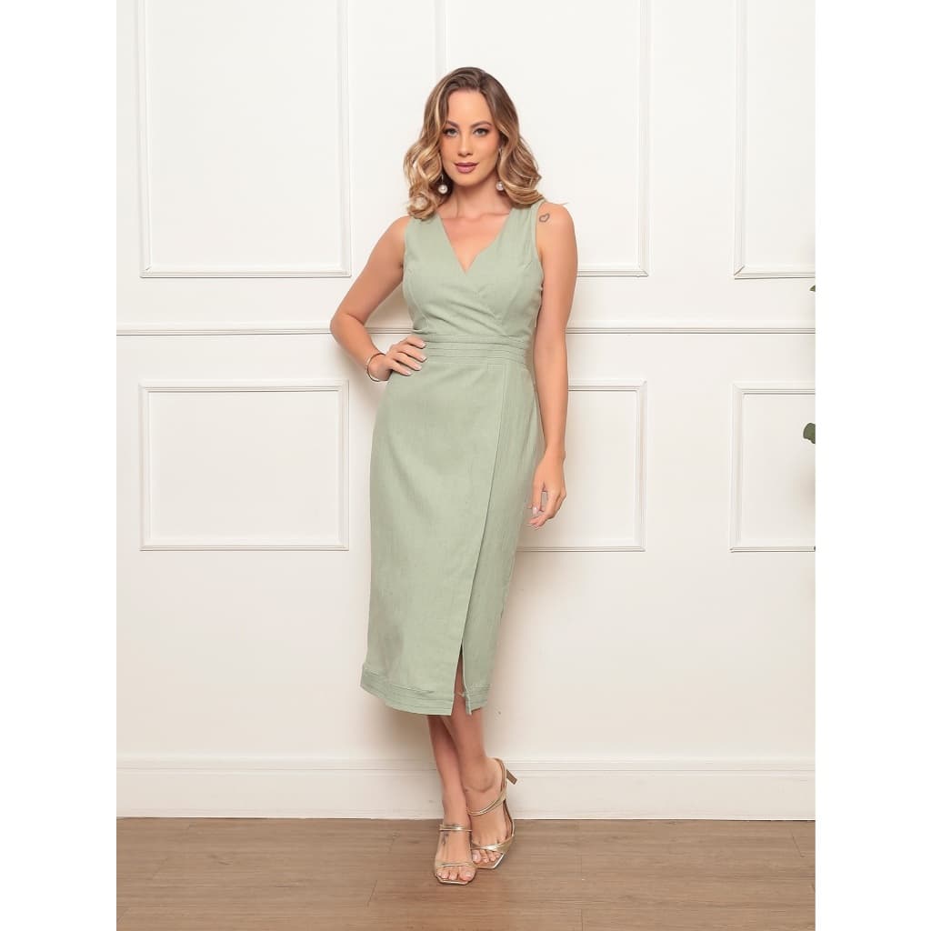 ALETHEIA VESTIDO MIDI FEMININO ELEGANTE LINHO REGATA PESPONTADO DECOTE VESTIDO FESTA VERAO