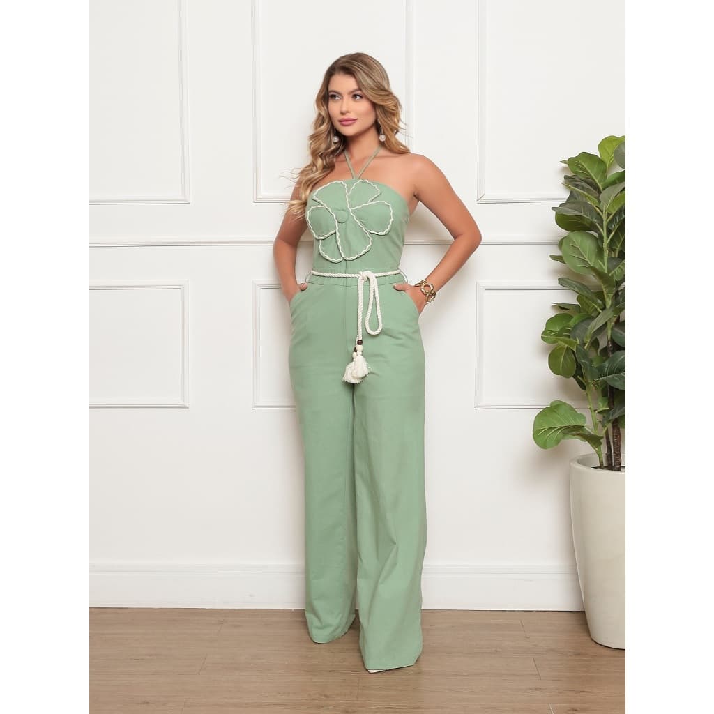 ALETHEIA - MACACÃO FEMININO ELEGANTE ALGODÃO LASTEX COSTAS FLOR BUSTO MACACOES FEMININOS FESTA VERAO