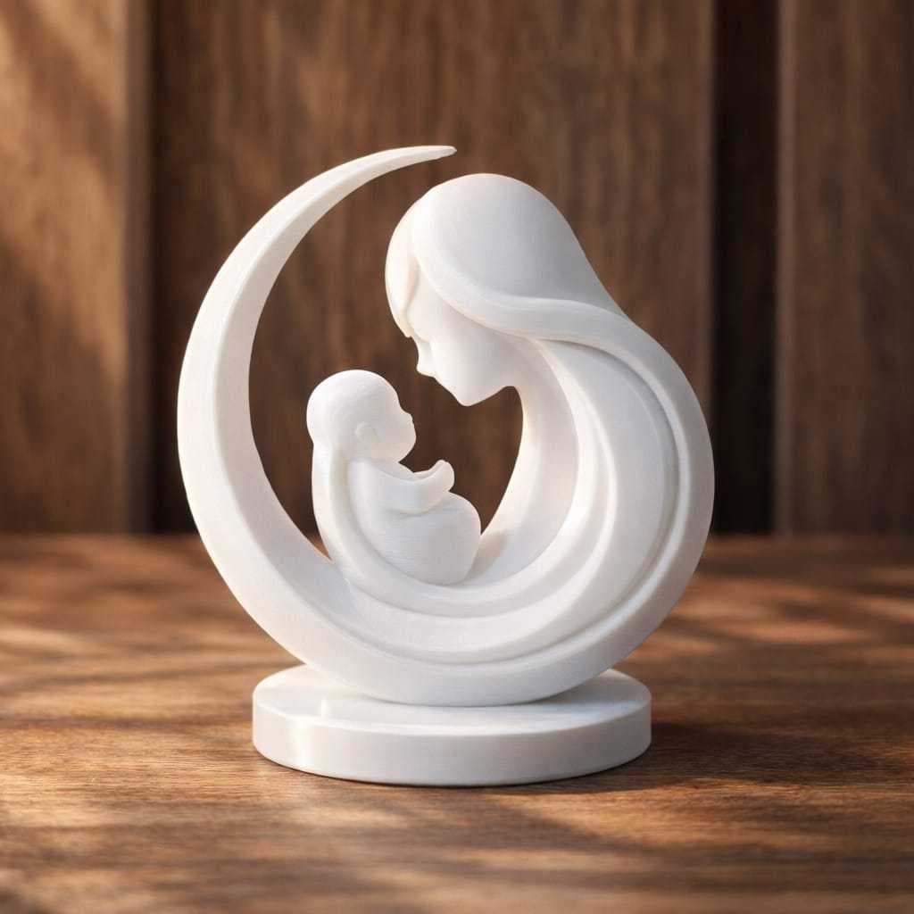 Decoração Escultura Mãe e Filho Minimalista Arte Moderna - Amor Materno em Lua | Enfeite para Casa e Presente
