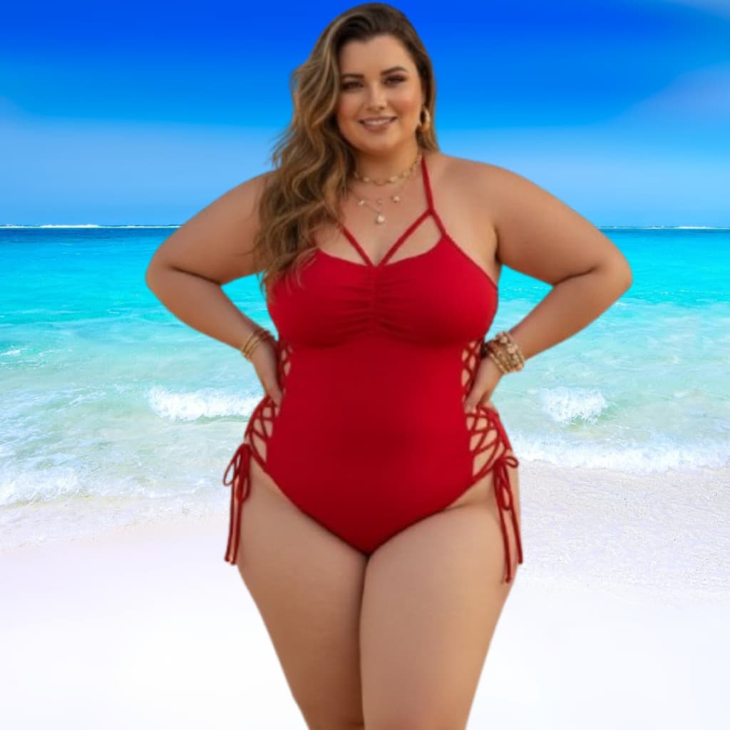 Maio feminino Plus Size Vermelho Luxo  Tecido Forrado Biquini plus maiô feminino praia GG