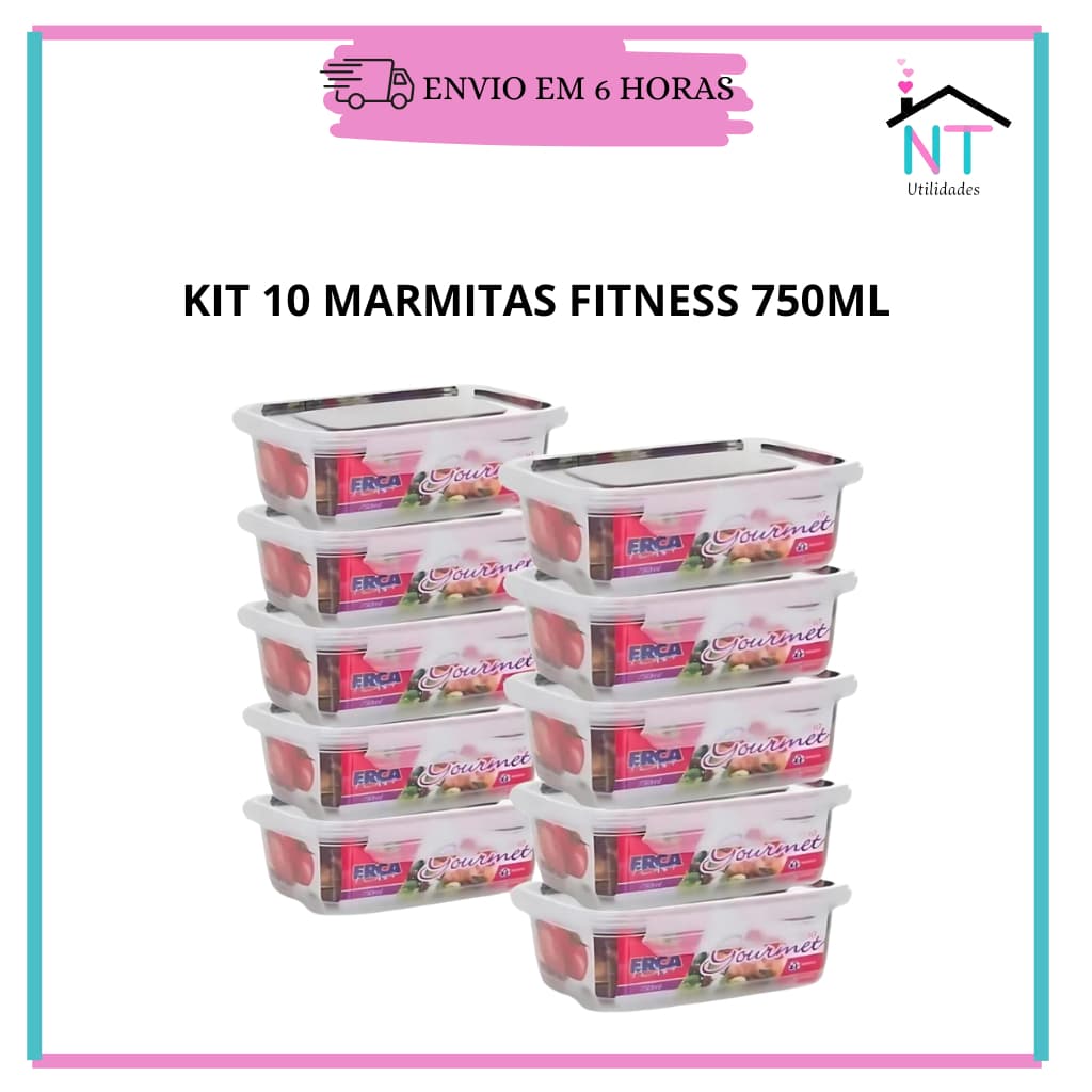 Kit 10 Potes Marmita Fitness 750ml Pote Para Microondas E Freezer com Trava Organizador de Alimento