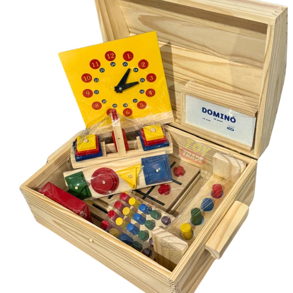 Baú Pedagógico com 10 Jogos Educativos Brinquedos de Madeira Kit Brinquedos Educativos Toy Trade