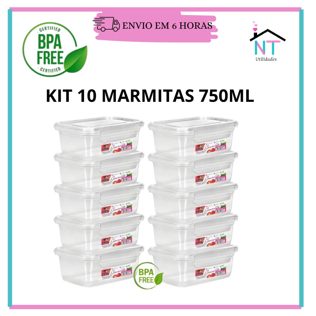 Kit Marmita Fitness Potes 800ml Travas Laterais BPA FREE Organizadores de Alimentos Vasilhas