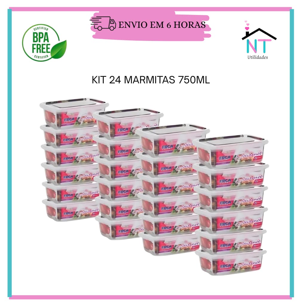 Kit 24 Potes Plásticos 750ml Para Freezer E Microondas Marmitas Fitness com Trava BPA Free Grande