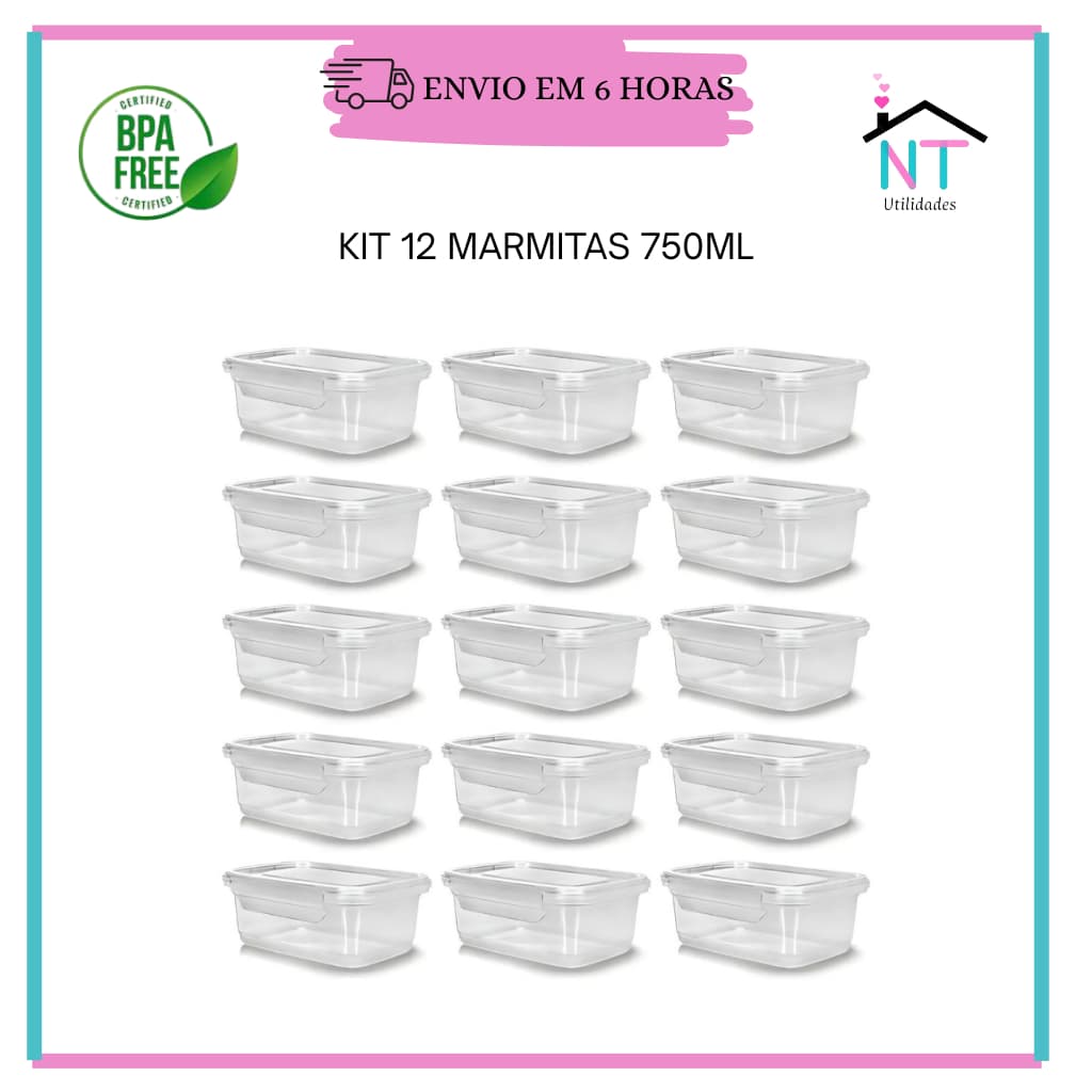Kit 12 Marmitas Fitness 800ml Para Freezer E Microondas Potes Plásticos com Trava