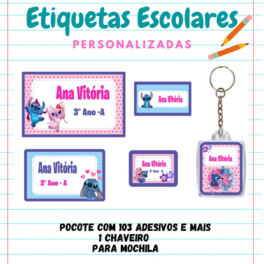 KIT ESCOLAR ETIQUETA PERSONALIZADA STITCH ANGEL -KIT 103 etiquetas 1 chaveiro identificador mochila/KIT ETIQUETA ESCOLAR