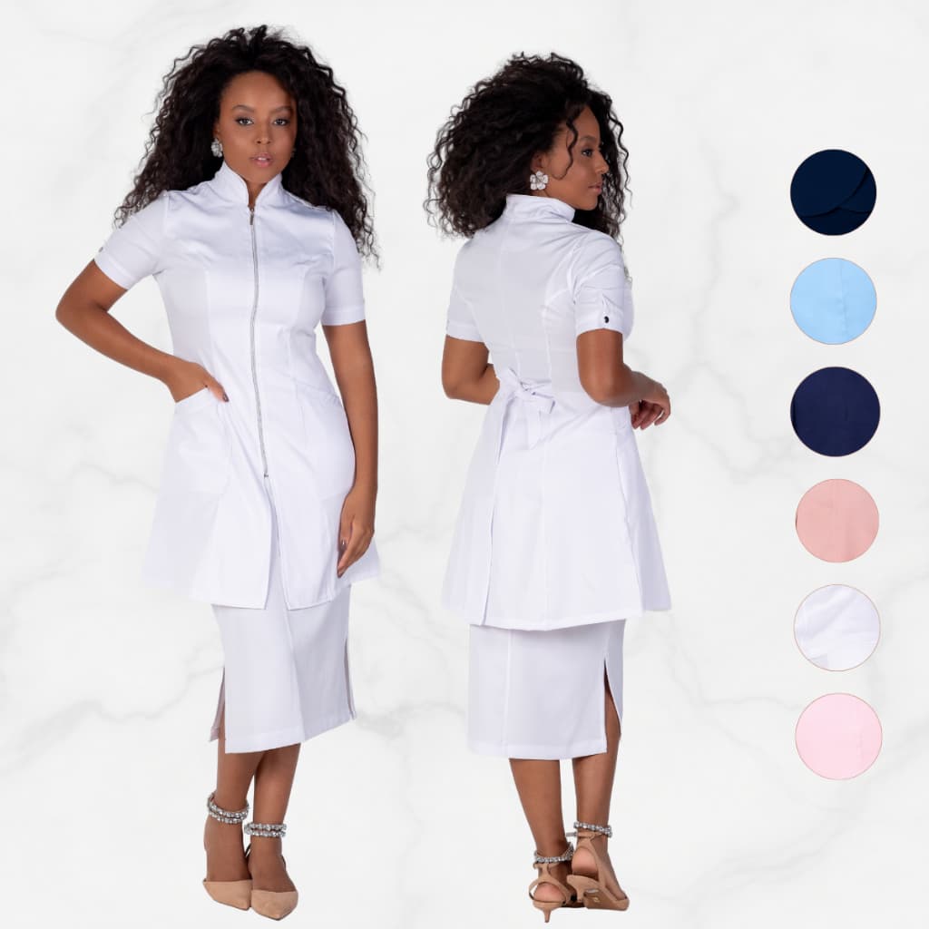 Jaleco Feminino Acinturado Manga Curta Zíper Oxford 100% Poliéster Premium Profissional Estética