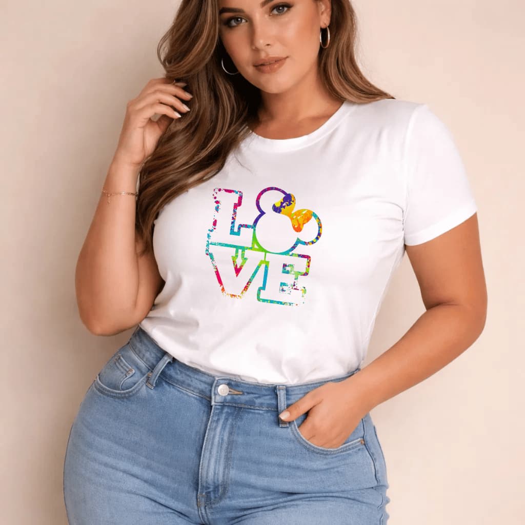 Camiseta Plus Size Feminina Estampada Love Animado 100% Algodão Premium Verão Blusa Camisa