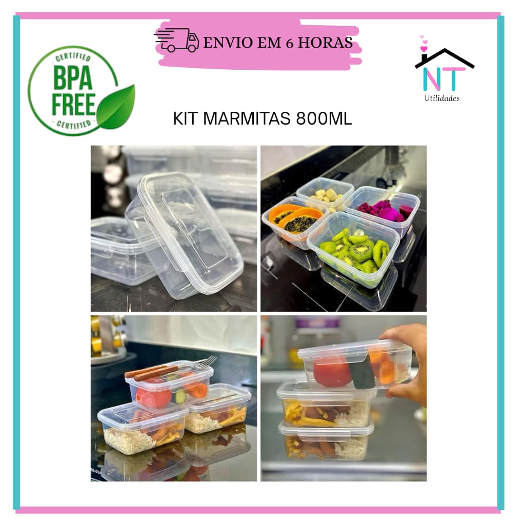 Kit 10 Marmitas Potes 800ml Travas Laterais hermeticas - Livres de BPA Alimentos organiza congelador