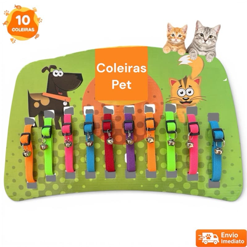 Coleira Para Gato Cartela com 10 Unidades Reguláveis Com Guizo Sino Preço Atacado