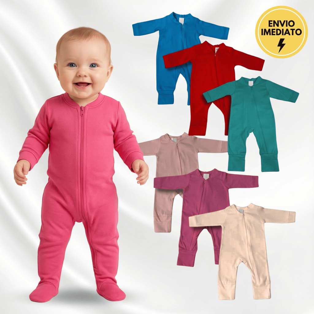 Kit 3 Macacão Liso P M G Bebê Algodão Zíper Vira Pé Reversível Inverno Menino Menina Macacões Confortável
