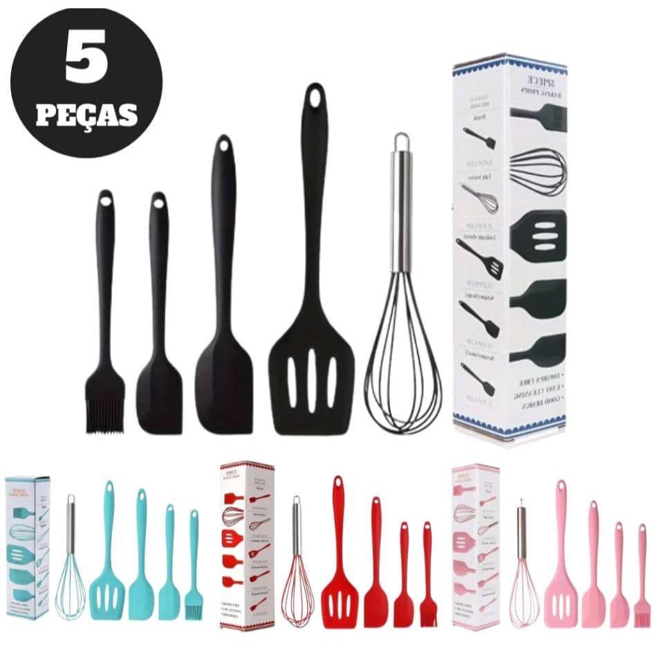 Kit 5 Peças Utensílios de Cozinha Silicone Master, Colher, Espátula, Fue, Espátula e Pincel