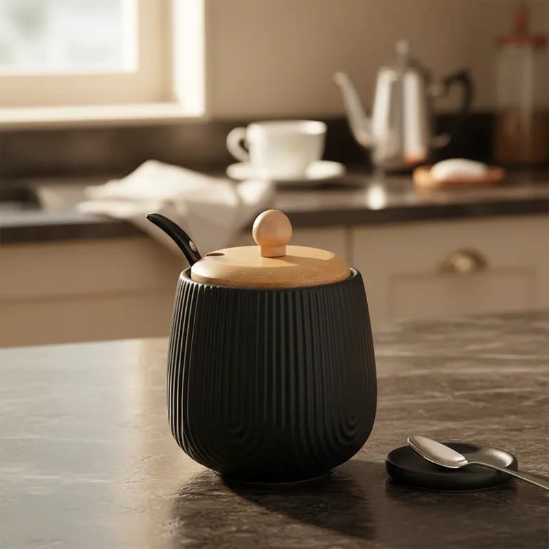 Açucareiro Preto Premium Design De Luxo 360ml Tampa De Bambu