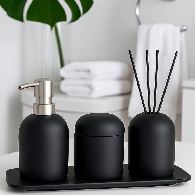 Kit conjunto para banheiro 4 peças porta sabonete, pote, difusor e bandeja em cimento All Black