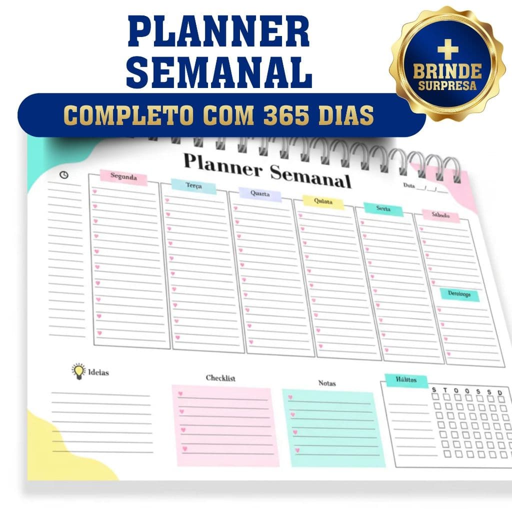 Planner Semanal A5 - Visão Total da Semana - Agenda Planejador de Metas, Rotina e Hábitos (Capa Plástica)
