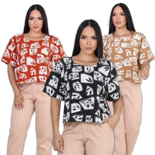 Blusa Cropped Social Manga Curta Gola Redonda