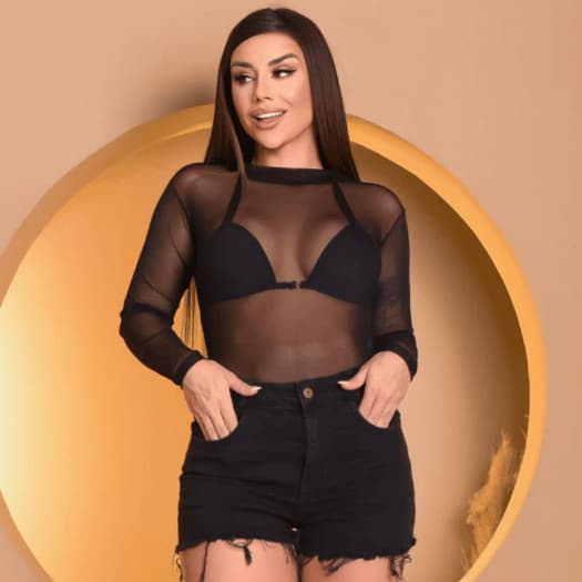 Body Feminino Tule Luxo Blusa Feminina Manga Longa Influencer Bory Boddy Bore