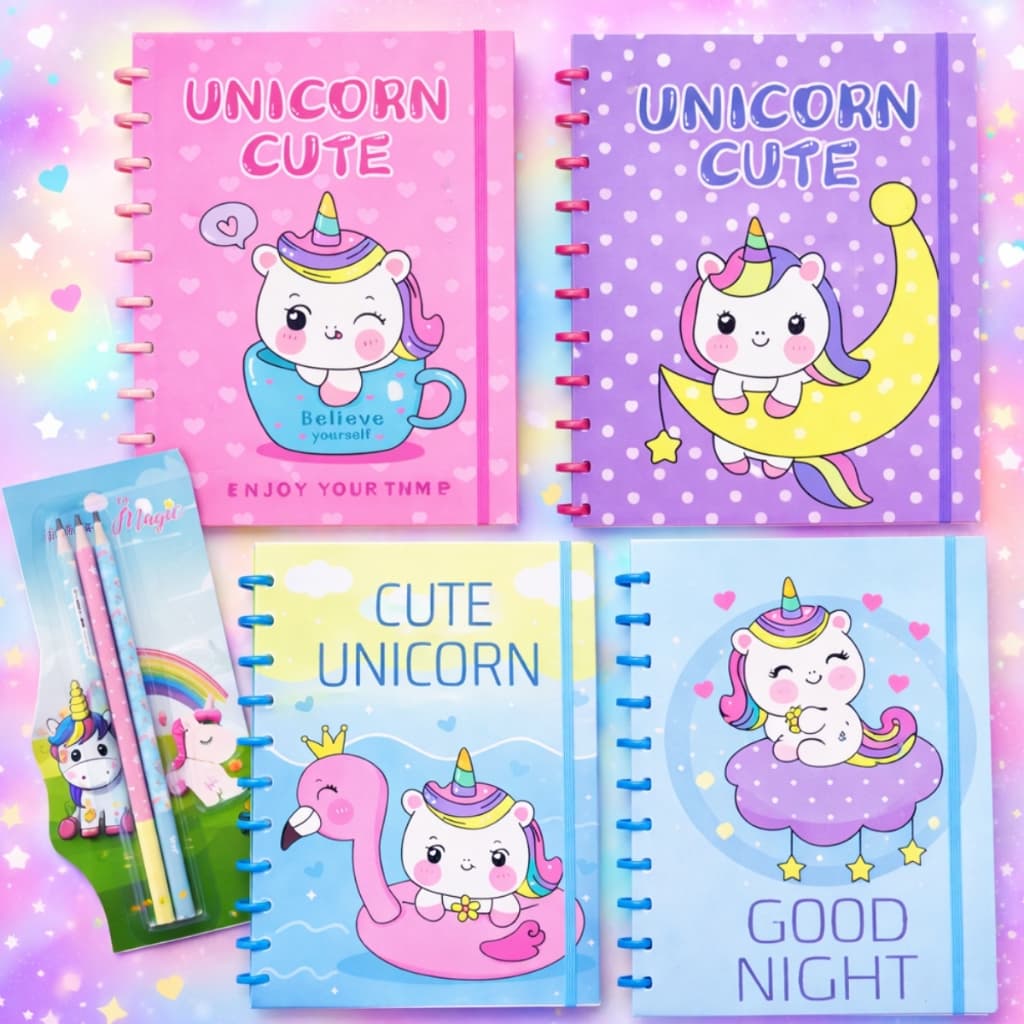 Caderno Universitário Capa Dura espiral Disco + Kit Lápis e borracha Unicórnio Fofinho