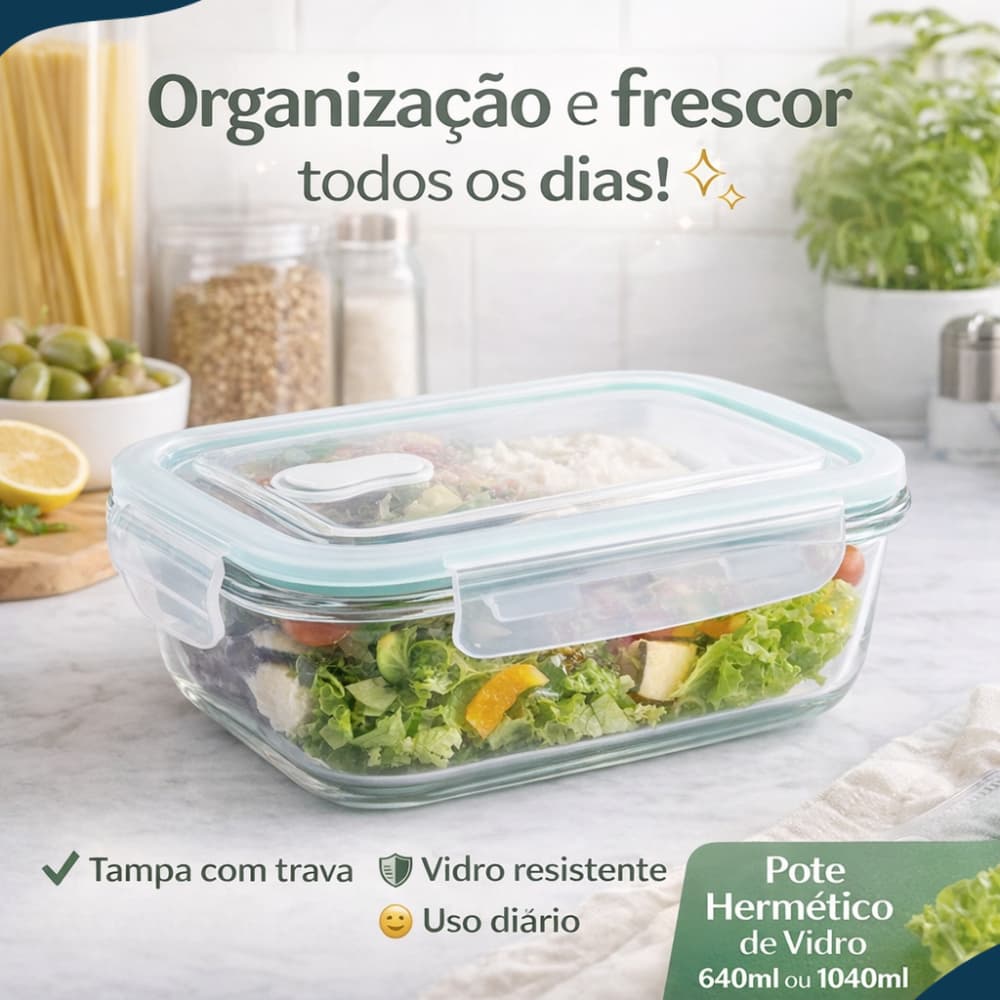 Kit 3 Potes Hermético Vidro De Tampa E Trava Armazenamento 1040ml 640ml Conjunto Retangular Alimento
