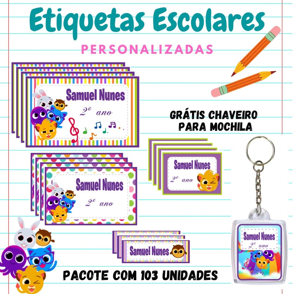 KIT ESCOLAR ETIQUETA PERSONALIZADA BOLO FOFO -KIT 103 etiquetas 1 chaveiro identificador de mochila/KIT ETIQUETA ESCOLAR
