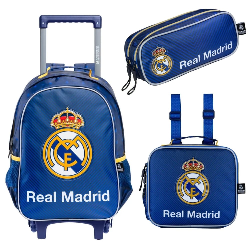 Kit Mochila Com Carrinho Futebol com Rodas mais Lancheira e Estojo Real Madri