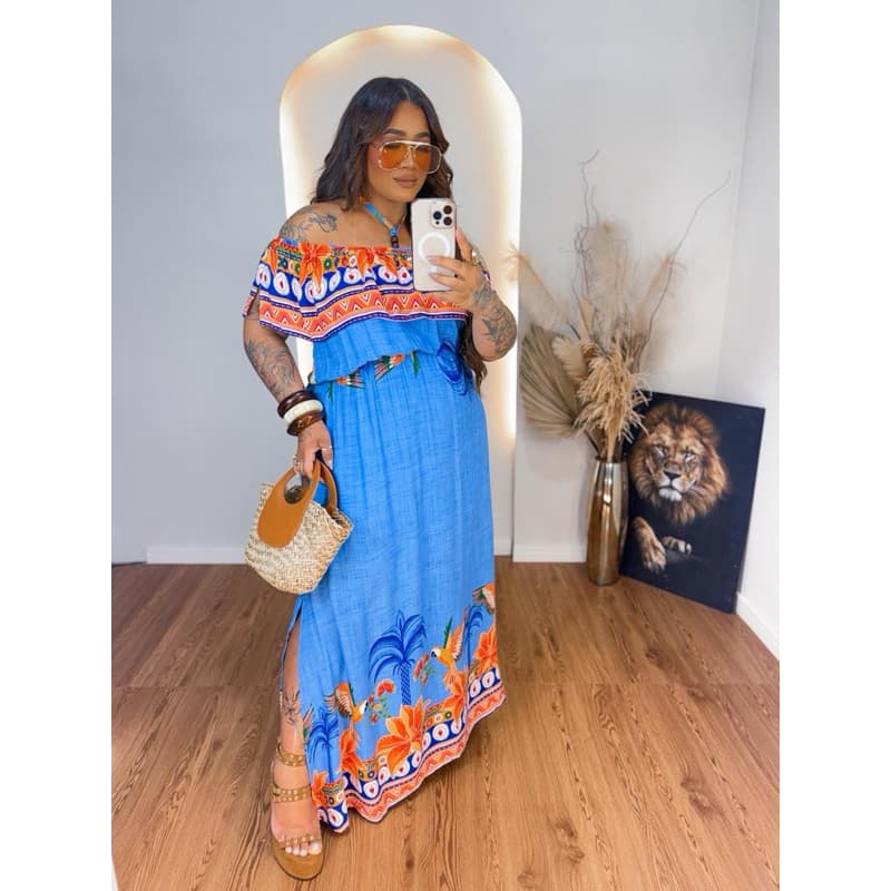 Vestido Longo Ciganinha Estampado Plus Size