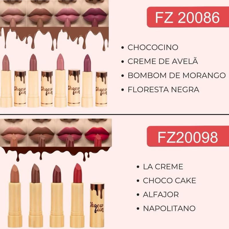 box 24 unidades atacado batom soft matte choco fun fenzza