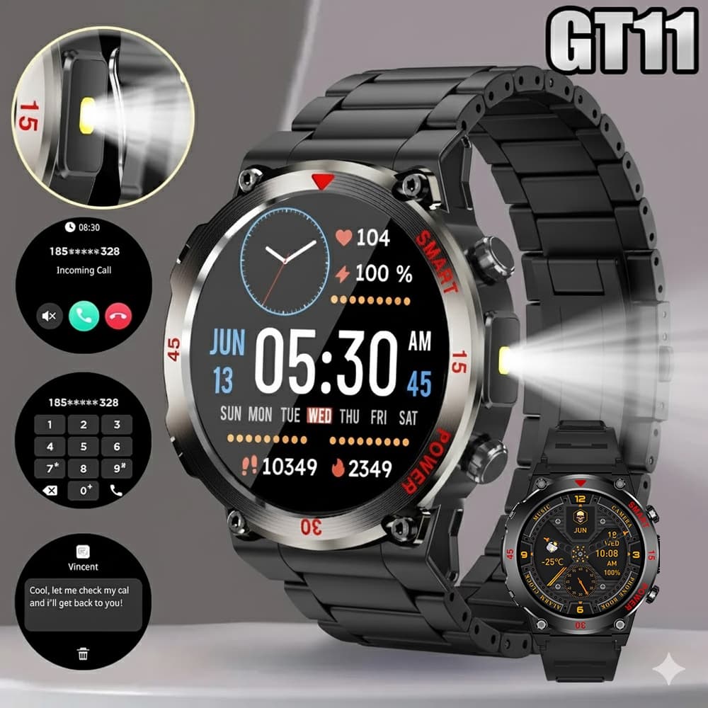2025 Novo GT11 Relógio inteligente Bluetooth, relógio esportivo com lanterna 1.5 inches smartwatch