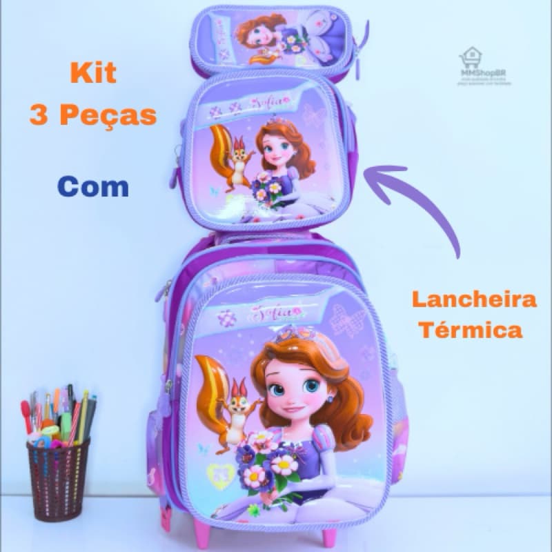 kit Mochila Escolar Infantil de Rodinhas com Design 3D Sofia . Brilhante para Meninas
