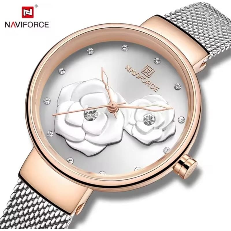 Relógio feminino Modelo Rosa - naviforce - a prova d'água - caixa e pulseira em aço - analógico.