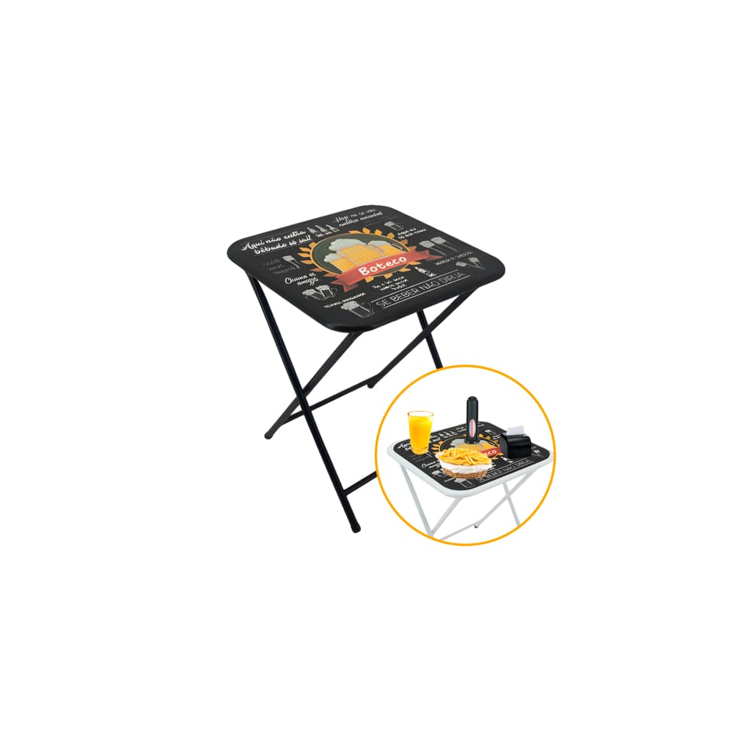 Mesa Mesinha Petisqueira de Centro 48cm Dobrável Baixa em Aço Com Adesivo de Boteco Festas