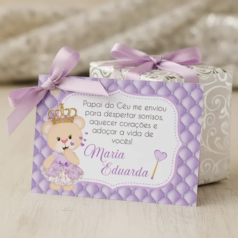 Tag para Lembrancinhas Chá de bebê Nascimento Ursinha Lilás Rosa