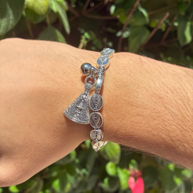 Pulseira Nossa Senhora Aparecida Em Aço Ajustável Com Elástico