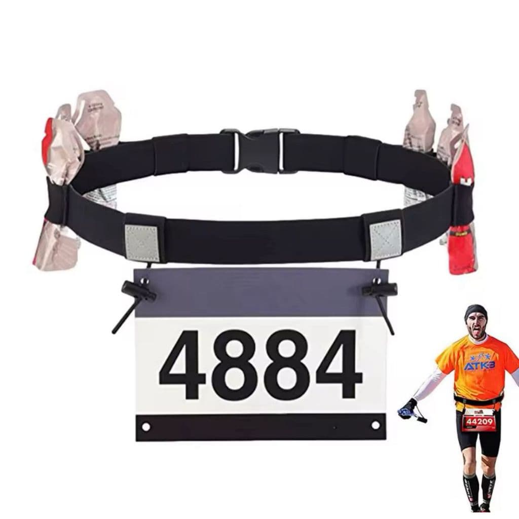 Cinto Porta Número de Corrida Triathlon - Elástico Ajustável, 6 Compartimentos, Preto Liso