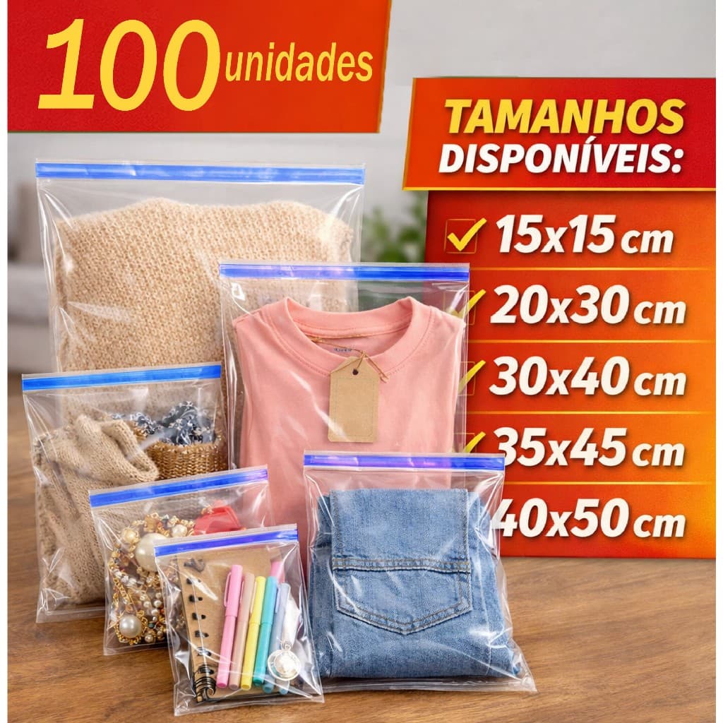 kit 100 sacos Sacolinha de embalagem Transparente com aba adesiva 15x15 20x30 30x40 35x45 40x50